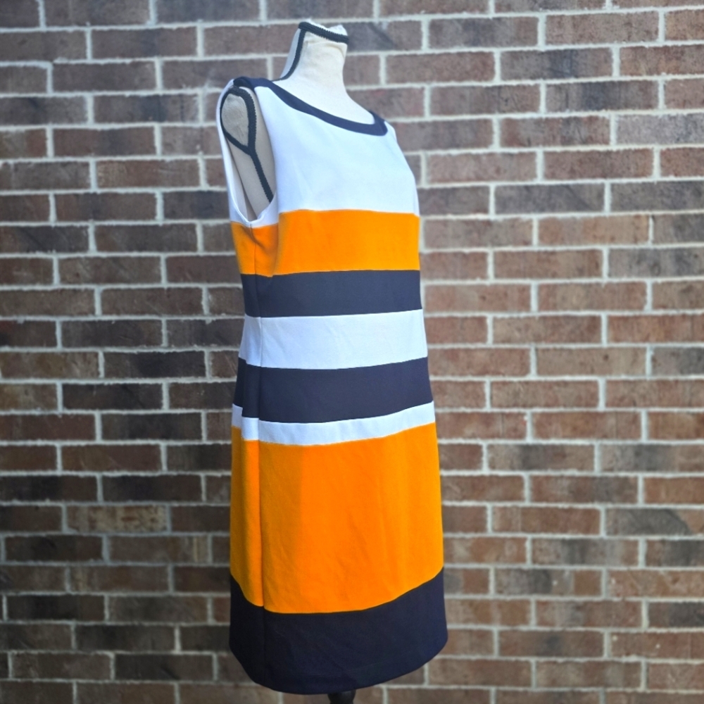 Bold Orange, White, and Black Midi Dress